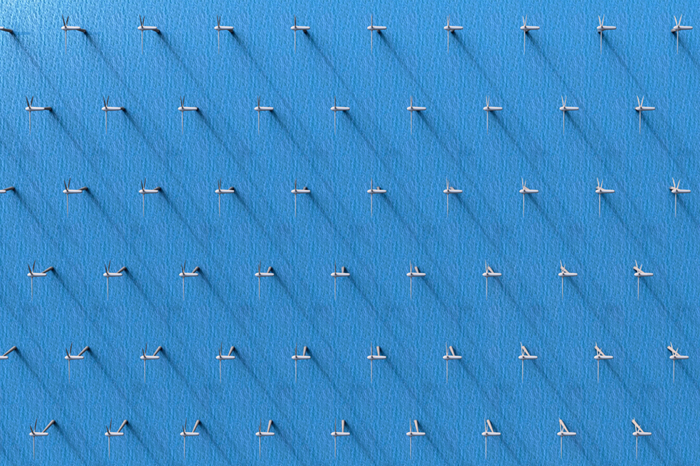 3D rendering of an aerial view of wind turbines in the ocean
